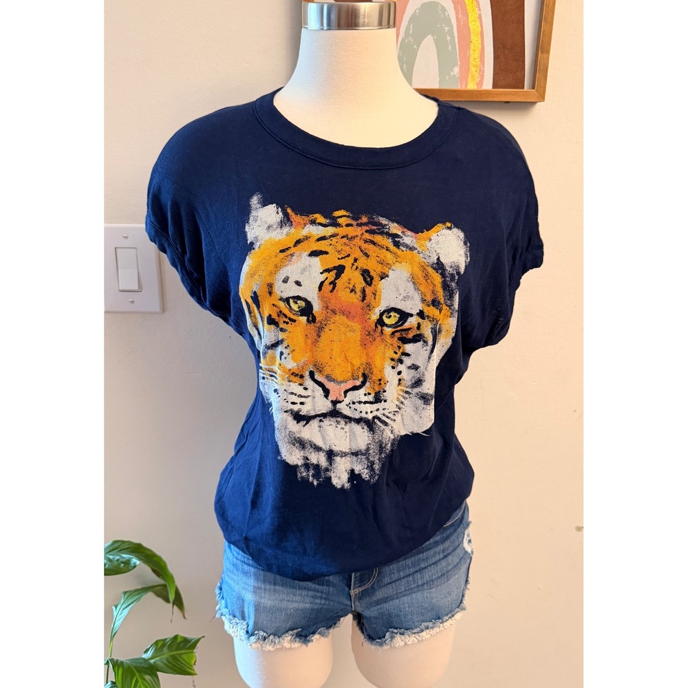 Chaser Tiger Graphic Tee Women Size Small Navy Blue Animal Print Raw Seam Top